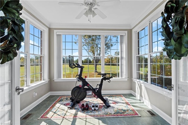 sunroom / solarium with ceiling fan, a wealth of natural light, and visible vents