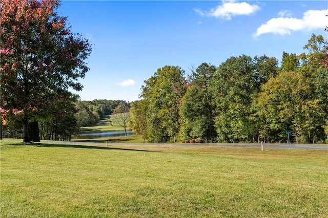 view of community featuring a lawn and a water view