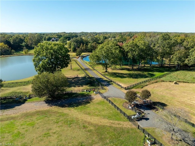 drone / aerial view with a rural view and a water view