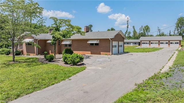 8521 US Highway 64 E, Ramseur, NC 27316 - ranch-style home featuring brick siding, a front yard, a garage, and a chimney
