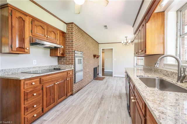 8521 US Highway 64 E, Ramseur, NC 27316 - kitchen with under cabinet range hood, black electric cooktop, a sink, light wood finished floors, and brick wall