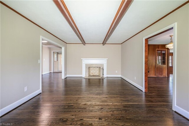 8521 US Highway 64 E, Ramseur, NC 27316 - unfurnished living room featuring crown molding, dark wood-style floors, a premium fireplace, and baseboards
