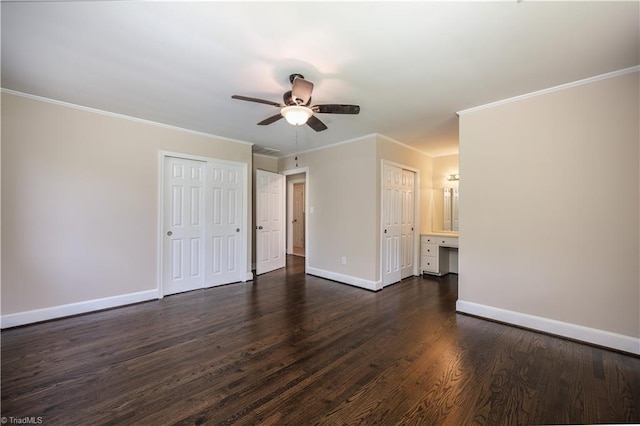 8521 US Highway 64 E, Ramseur, NC 27316 - unfurnished living room with baseboards, dark wood-style flooring, a ceiling fan, and crown molding