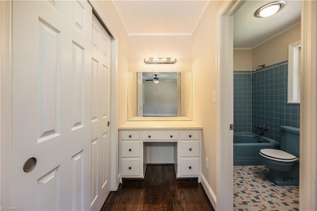8521 US Highway 64 E, Ramseur, NC 27316 - bathroom featuring ornamental molding, toilet, shower / washtub combination, vanity, and ceiling fan