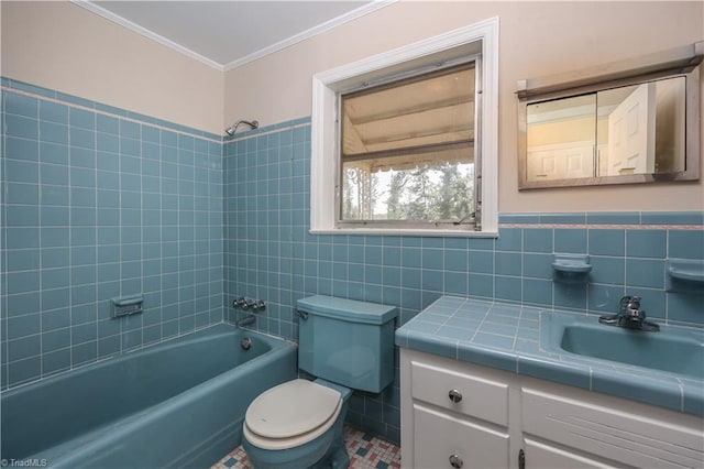 8521 US Highway 64 E, Ramseur, NC 27316 - bathroom featuring tile walls, vanity, toilet, bathing tub / shower combination, and ornamental molding