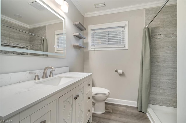 bathroom with vanity, walk in shower, hardwood / wood-style floors, and toilet