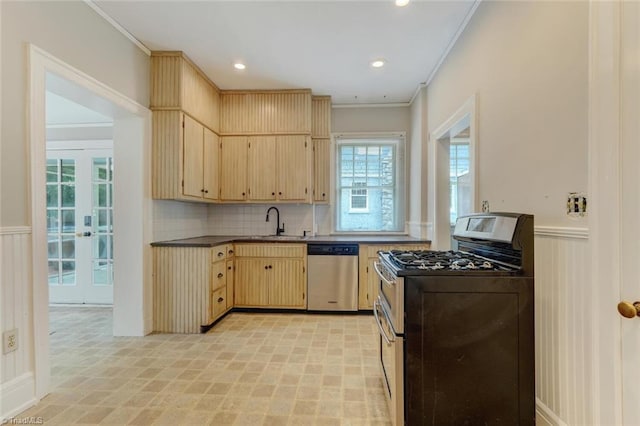 kitchen with sink, backsplash, light brown cabinets, appliances with stainless steel finishes, and crown molding