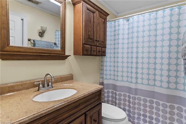 103 E St, Jonesville, NC 28642 - bathroom featuring vanity, ornamental molding, and a shower with curtain