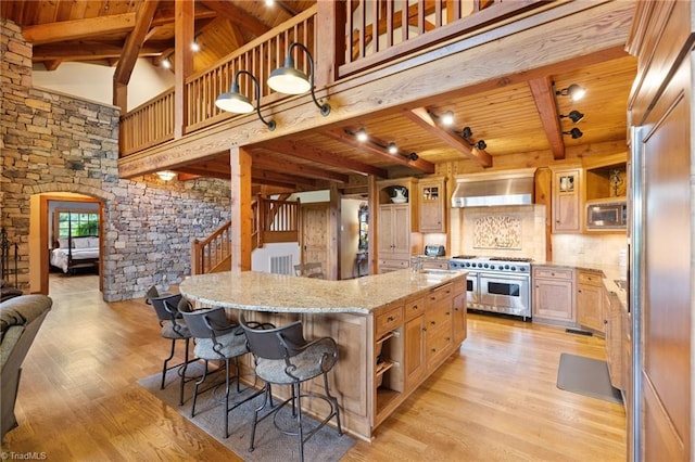 7239 Bulb Rd, Julian, NC 27283 - kitchen featuring built in appliances, ventilation hood, a wooden ceiling with exposed beams, open shelves, and light wood-style floors