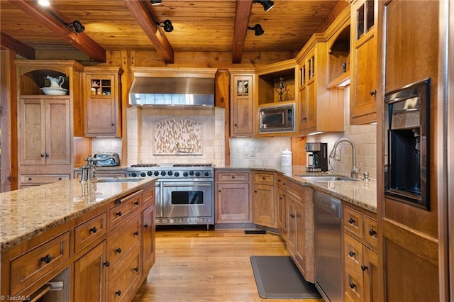 7239 Bulb Rd, Julian, NC 27283 - kitchen featuring appliances with stainless steel finishes, open shelves, range hood, a wooden ceiling with exposed beams, and light wood-type flooring