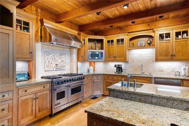 7239 Bulb Rd, Julian, NC 27283 - kitchen with appliances with stainless steel finishes, exhaust hood, light wood finished floors, open shelves, and a wooden ceiling with exposed beams