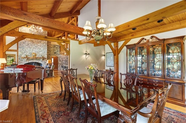 7239 Bulb Rd, Julian, NC 27283 - dining space with a chandelier, wood ceiling, wood finished floors, and a fireplace