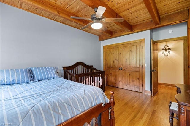 7239 Bulb Rd, Julian, NC 27283 - bedroom featuring a wooden ceiling with exposed beams, light wood-type flooring, ceiling fan, and a closet
