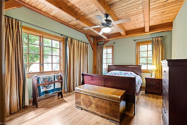 7239 Bulb Rd, Julian, NC 27283 - bedroom with a wooden ceiling with exposed beams, wood finished floors, and a ceiling fan