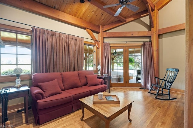 7239 Bulb Rd, Julian, NC 27283 - living area featuring wooden ceiling, french doors, light wood-type flooring, and a ceiling fan