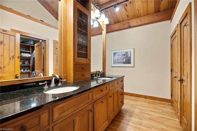 7239 Bulb Rd, Julian, NC 27283 - bathroom featuring a wood ceiling with exposed beams, wood finished floors, and double vanity