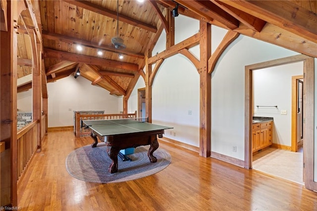 7239 Bulb Rd, Julian, NC 27283 - playroom featuring light wood-style flooring, wooden ceiling, and billiards table