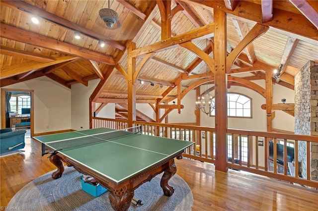 7239 Bulb Rd, Julian, NC 27283 - rec room with wood ceiling, wood finished floors, healthy amount of natural light, and a chandelier