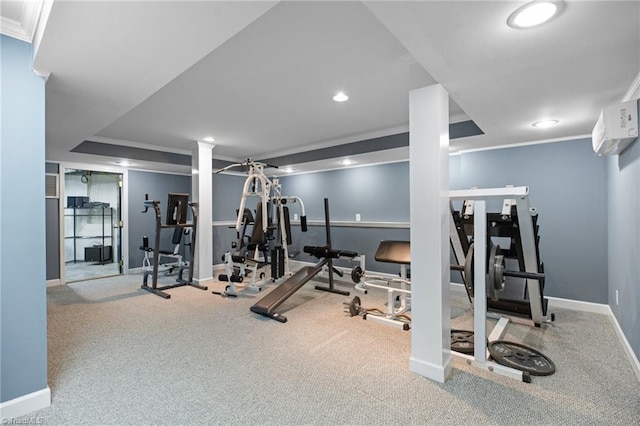 7239 Bulb Rd, Julian, NC 27283 - exercise room with crown molding, carpet, recessed lighting, and a wall mounted air conditioner