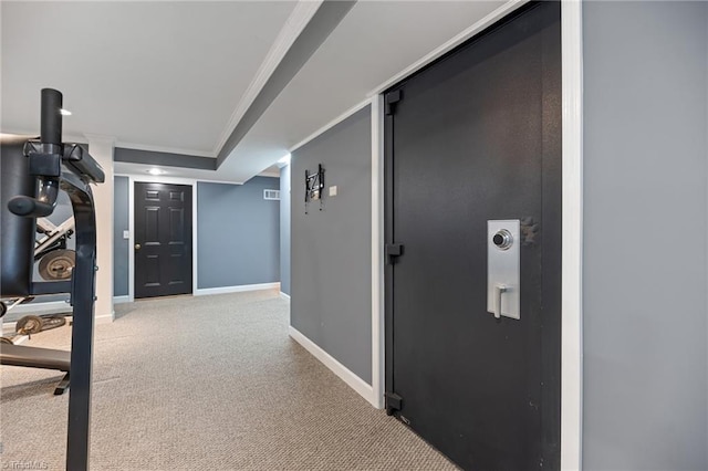 7239 Bulb Rd, Julian, NC 27283 - hallway featuring carpet floors and ornamental molding