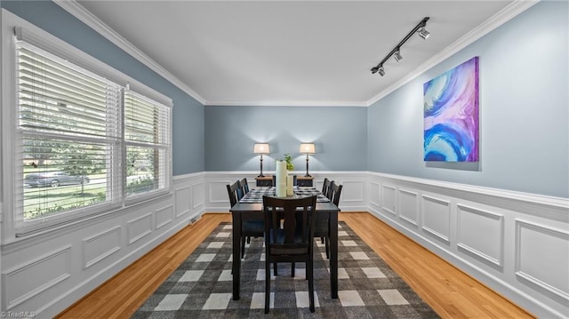 1926 Downing Dr, Burlington, NC 27215 - dining space with rail lighting, light wood-style floors, a wainscoted wall, crown molding, and a decorative wall
