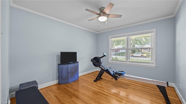 1926 Downing Dr, Burlington, NC 27215 - workout area featuring light wood finished floors, crown molding, and ceiling fan