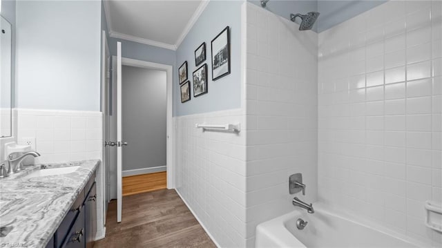 1926 Downing Dr, Burlington, NC 27215 - bathroom featuring crown molding,  shower combination, tile walls, vanity, and a wainscoted wall