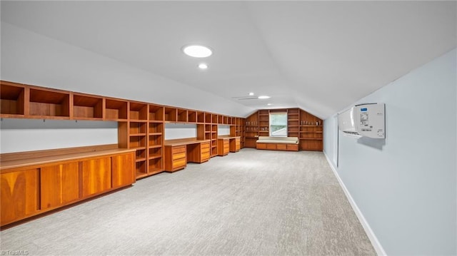 1926 Downing Dr, Burlington, NC 27215 - additional living space with lofted ceiling, light carpet, recessed lighting, and built in features