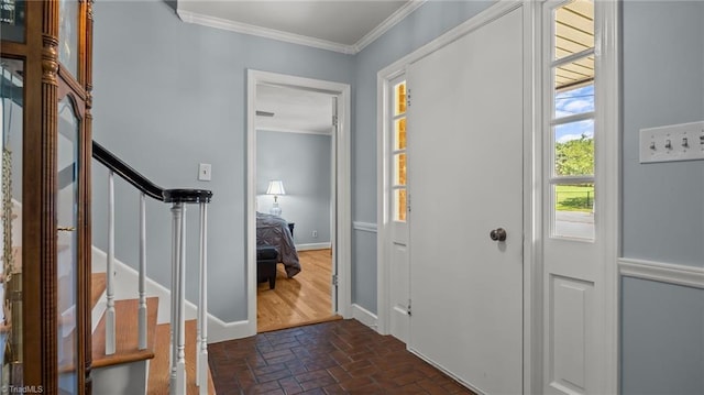 1926 Downing Dr, Burlington, NC 27215 - entrance foyer featuring brick flooring, crown molding, and stairway