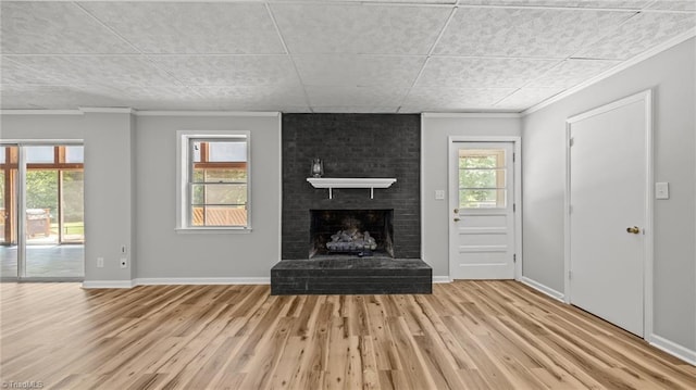 1926 Downing Dr, Burlington, NC 27215 - unfurnished living room with light wood-type flooring, a fireplace, and ornamental molding