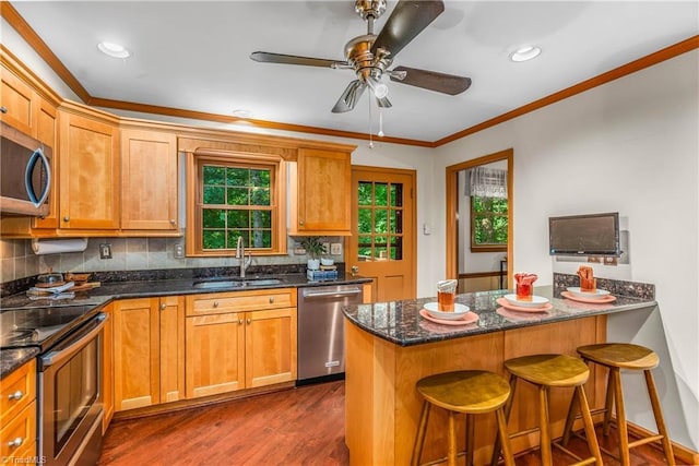 3228 Valley Rd, Winston-Salem, NC 27106 - kitchen featuring appliances with stainless steel finishes, ornamental molding, plenty of natural light, ceiling fan, and backsplash