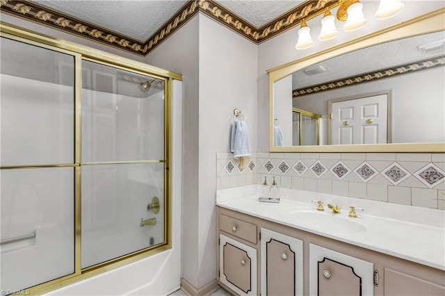 3228 Valley Rd, Winston-Salem, NC 27106 - full bathroom with vanity, tasteful backsplash, combined bath / shower with glass door, and a textured ceiling