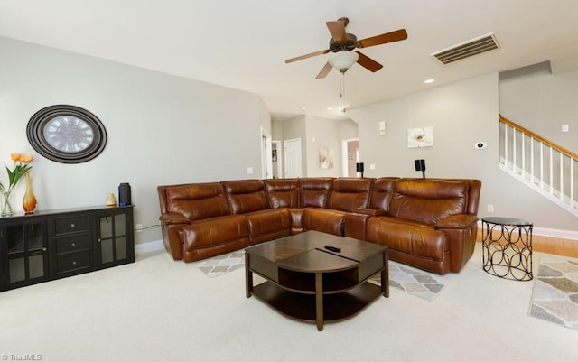 3704 Worthing Ct, Greensboro, NC 27455 - carpeted living room with stairs, ceiling fan, recessed lighting, and baseboards