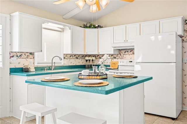 kitchen with tasteful backsplash, white cabinetry, sink, and white appliances