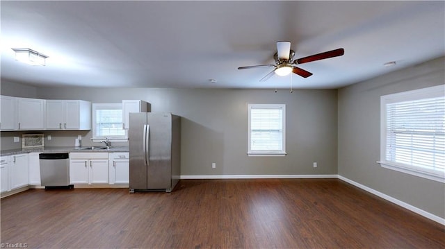 kitchen with sink, white cabinets, stainless steel appliances, and dark hardwood / wood-style floors