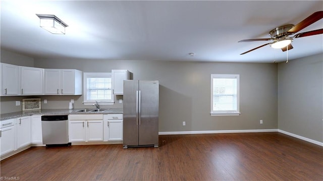 kitchen featuring white cabinets, stainless steel appliances, dark hardwood / wood-style floors, and sink