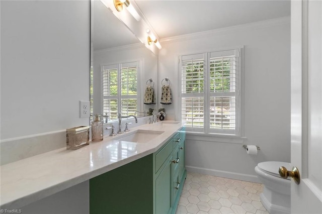 1020 Kenleigh Cir, Winston-Salem, NC 27106 - bathroom with ornamental molding, toilet, double vanity, baseboards, and tile patterned floors