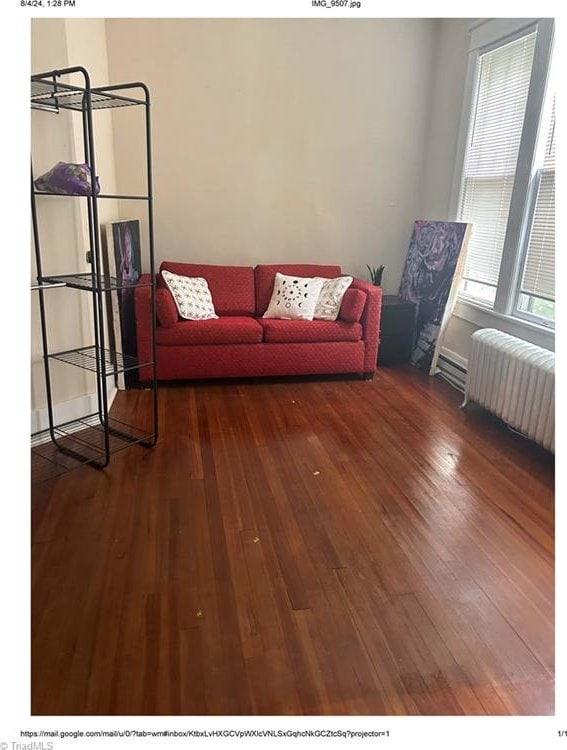 living room with dark hardwood / wood-style floors and radiator heating unit