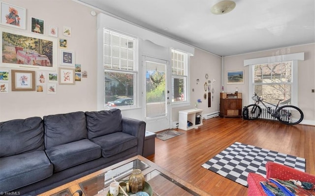 living room featuring wood-type flooring and a baseboard radiator