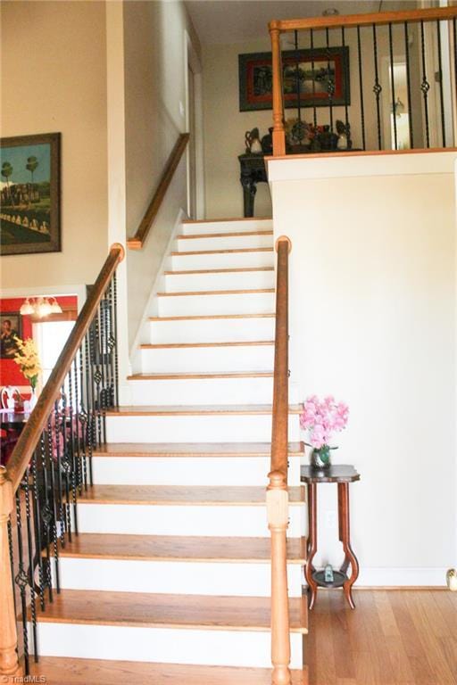 stairs with hardwood / wood-style floors