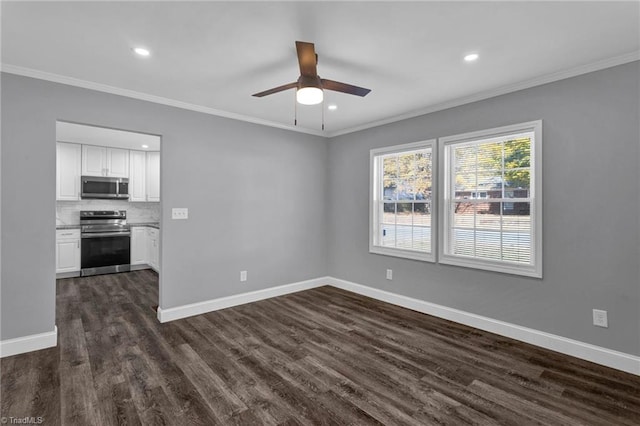 unfurnished living room with crown molding, ceiling fan, and dark hardwood / wood-style flooring