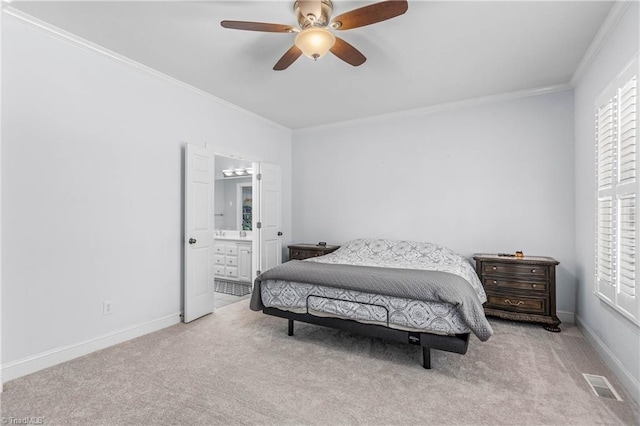 8300 Trottington Rd, Stokesdale, NC 27357 - carpeted bedroom with ornamental molding, ensuite bath, and ceiling fan
