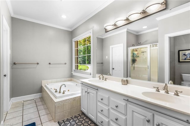 8300 Trottington Rd, Stokesdale, NC 27357 - full bathroom with a garden tub, tile patterned floors, a stall shower, double vanity, and crown molding