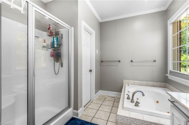 8300 Trottington Rd, Stokesdale, NC 27357 - bathroom featuring a shower stall, a jetted tub, ornamental molding, and plenty of natural light