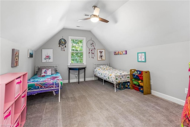 8300 Trottington Rd, Stokesdale, NC 27357 - bedroom with vaulted ceiling, carpet floors, and a ceiling fan