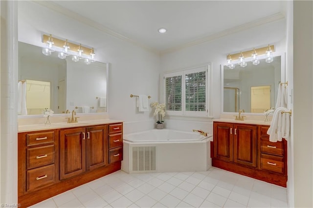 bathroom with plus walk in shower, tile patterned flooring, vanity, and ornamental molding