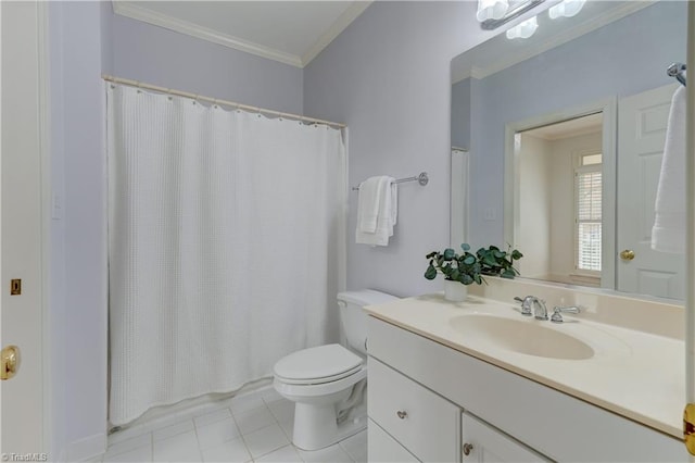 bathroom with tile patterned floors, vanity, toilet, and ornamental molding