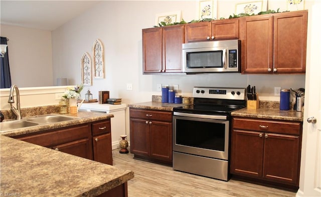 kitchen with light wood finished floors, stainless steel appliances, and a sink