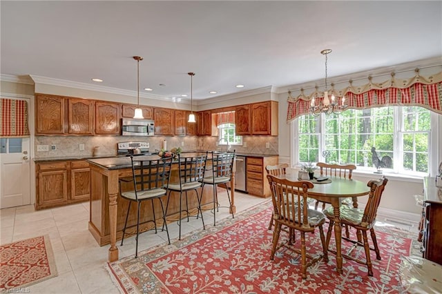 dining room featuring light tile patterned flooring, recessed lighting, and ornamental molding