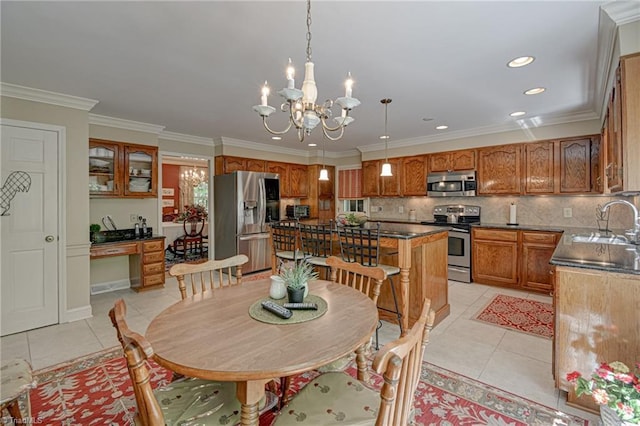 dining area featuring an inviting chandelier, crown molding, recessed lighting, and light tile patterned flooring
